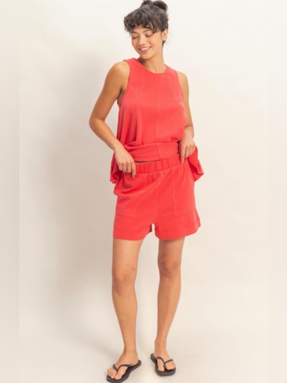 112 Red Sleeveless Top & Elastic Waist Shorts Set
